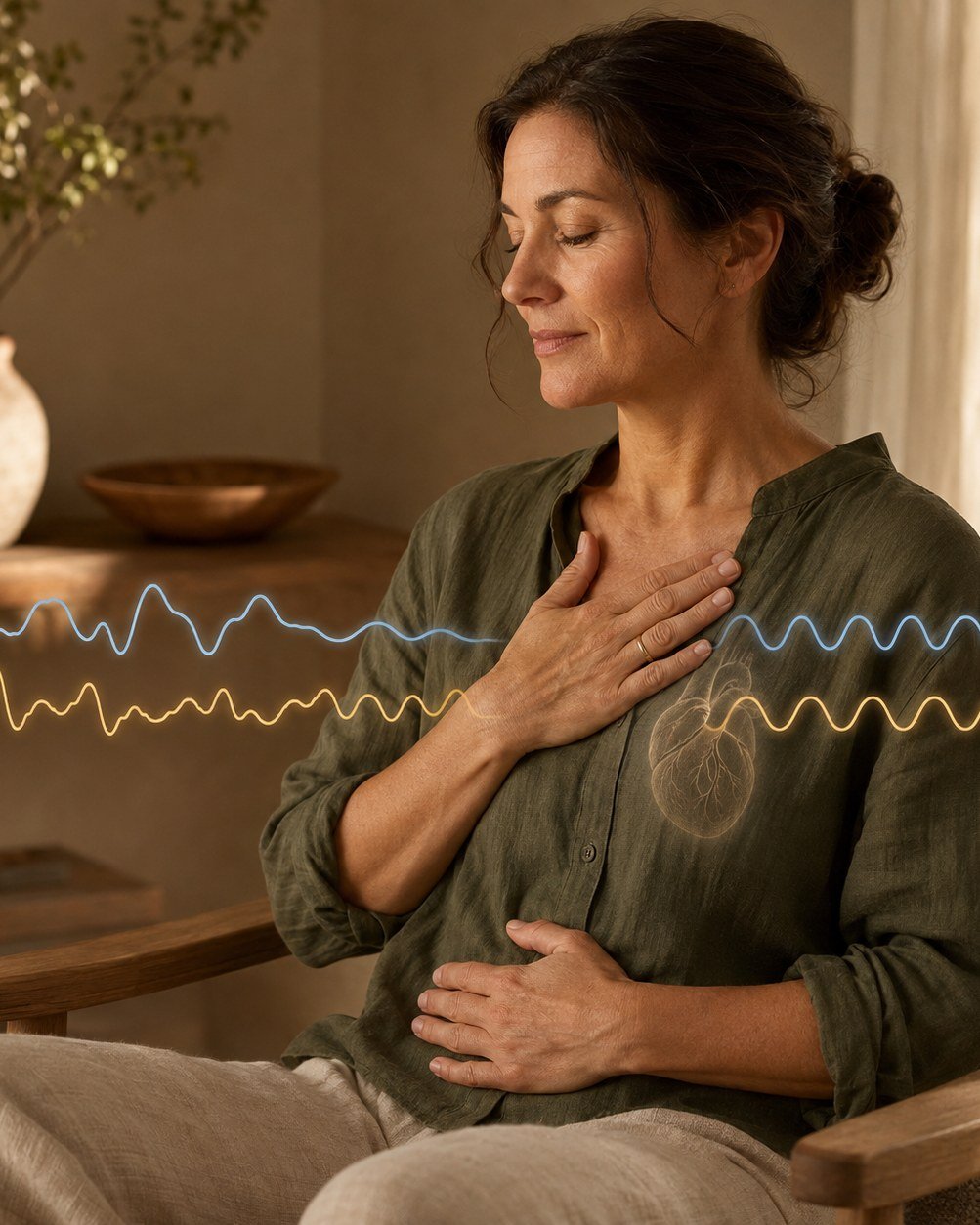 Mujer respirando de forma consciente con la mano sobre el pecho, ilustrando la coherencia cardíaca