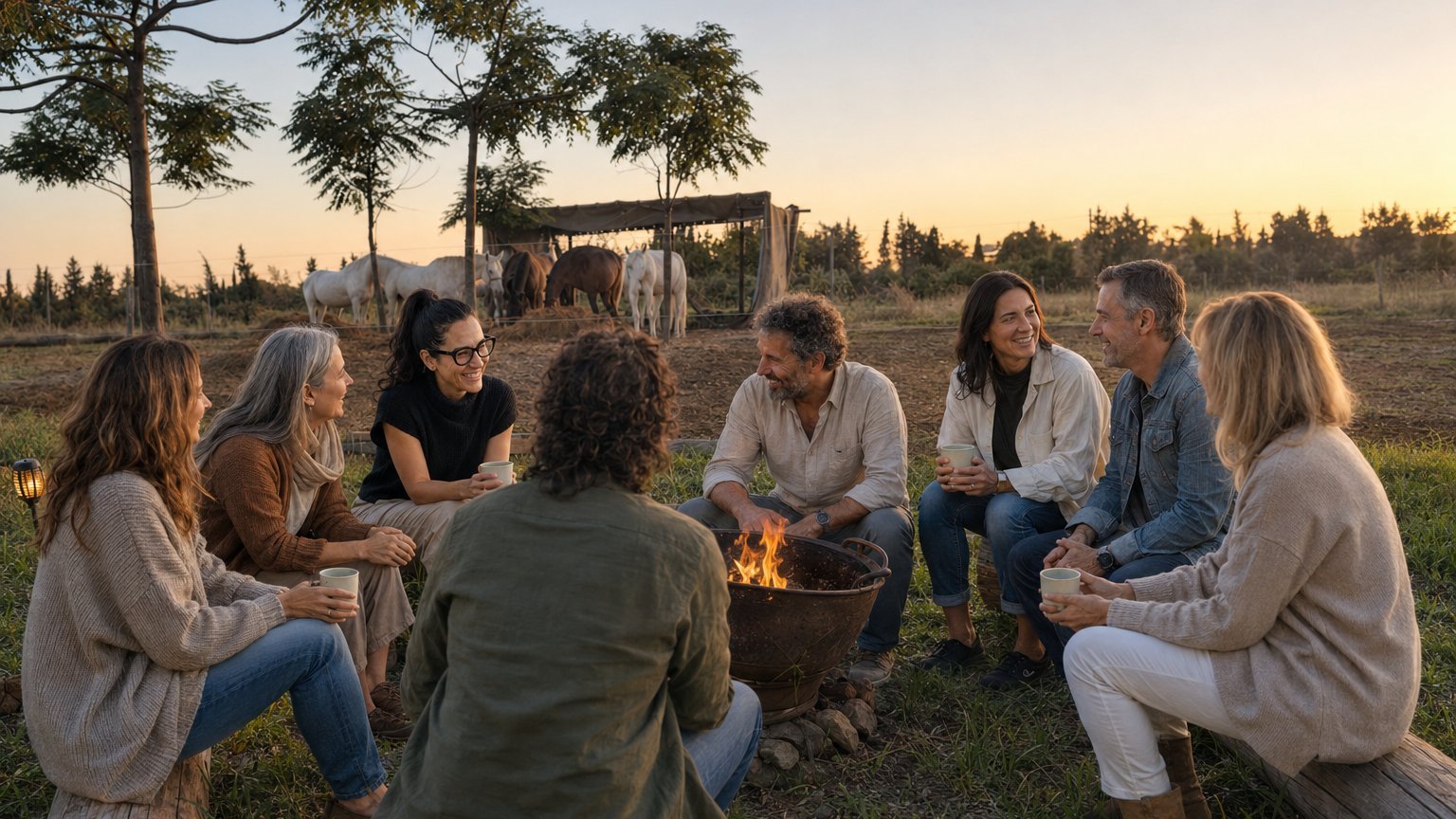 Grupo reunido junto al fuego, con caballos al fondo