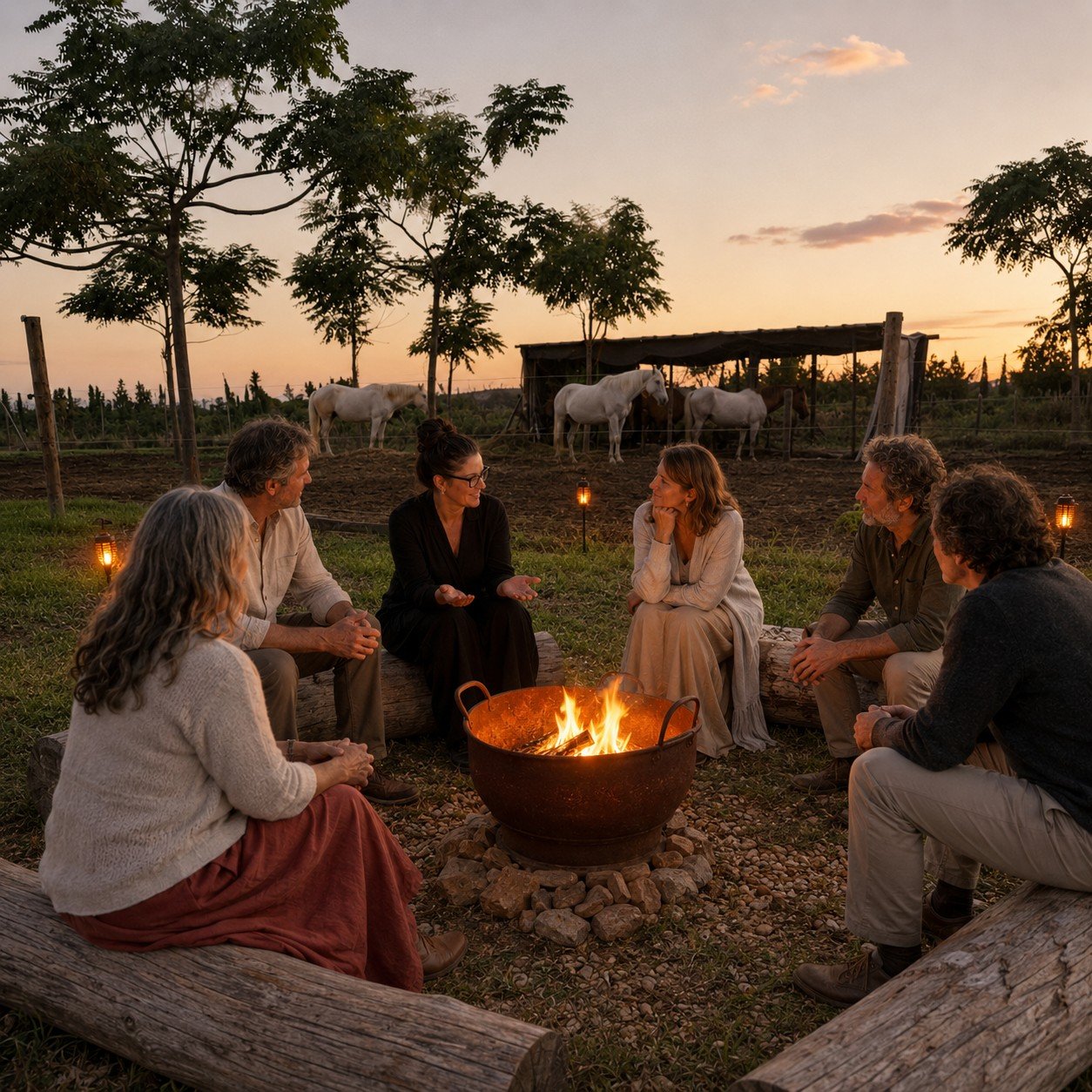 Imagen ilustrativa de un grupo compartiendo una hoguera al atardecer, con caballos al fondo