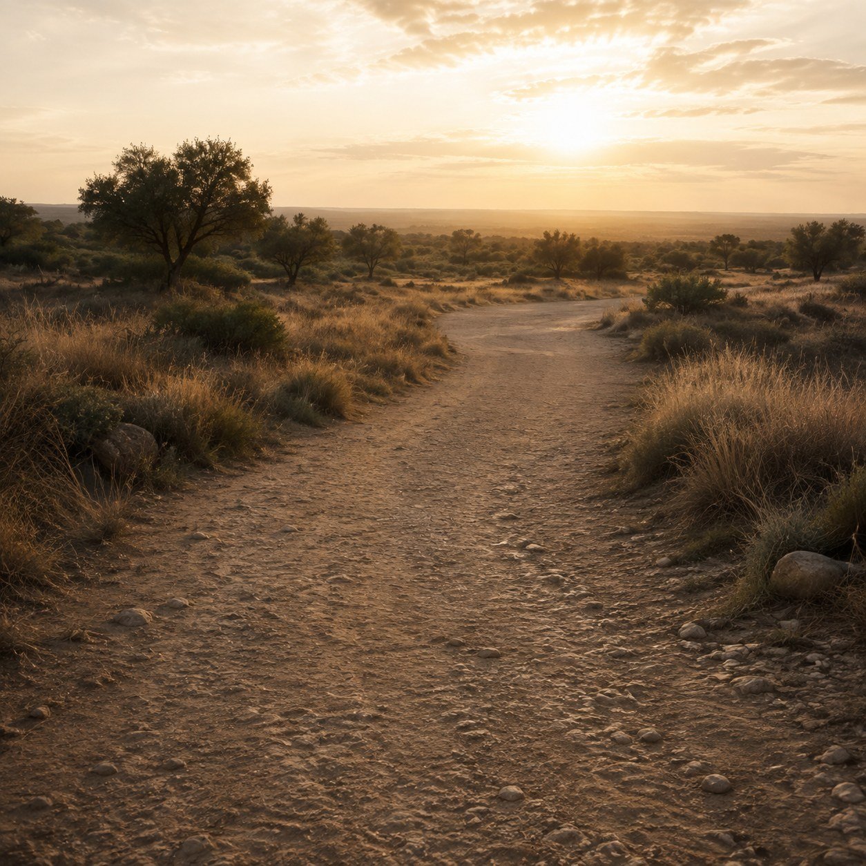 Camino de tierra abriéndose hacia el horizonte al atardecer