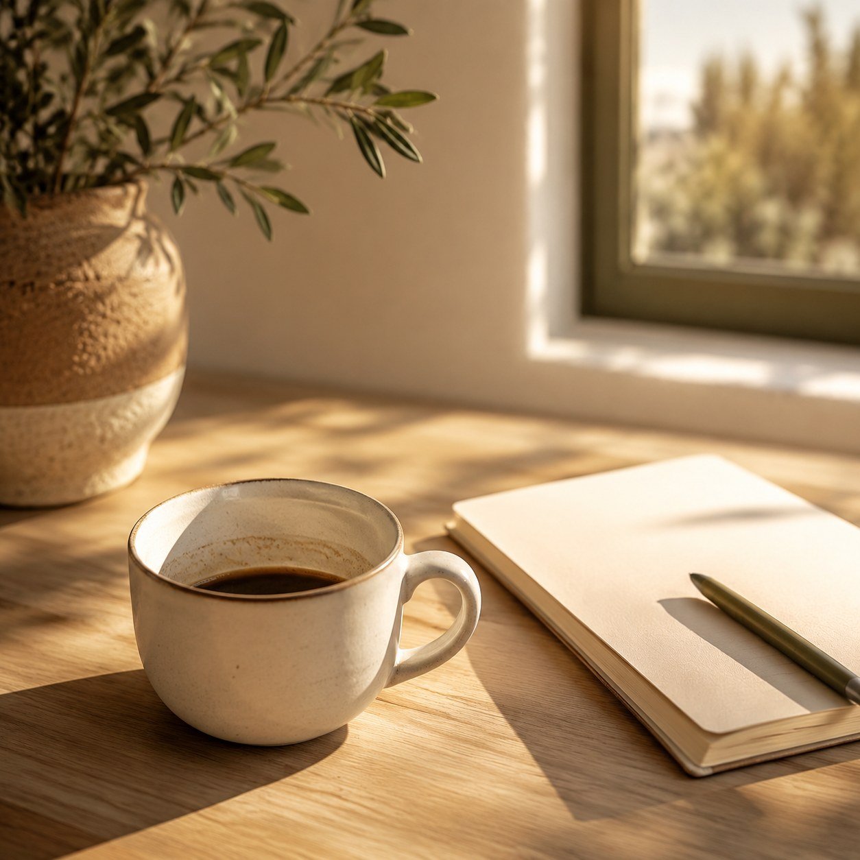 Taza de café junto a un cuaderno abierto sobre una mesa de madera, con luz de ventana